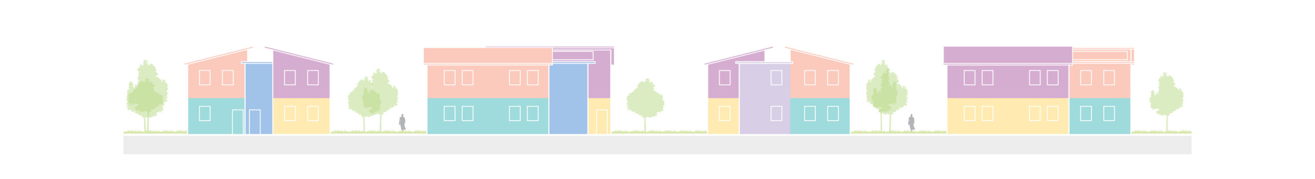 Elevations of colorful buildings along a street.