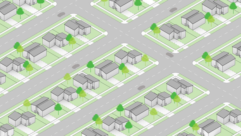 Site axonometric of gray houses on green lots along streets.