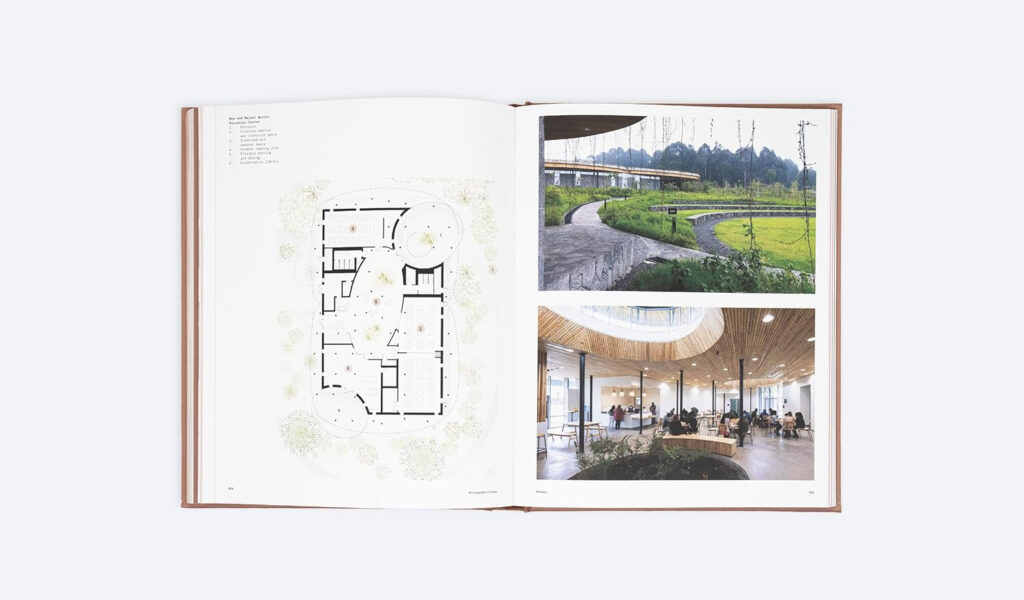 Interior spread of book showing a plan on the left, and two photos on the right--the top of outdoor garden area, the bottom of an interior are with wood ceiling.