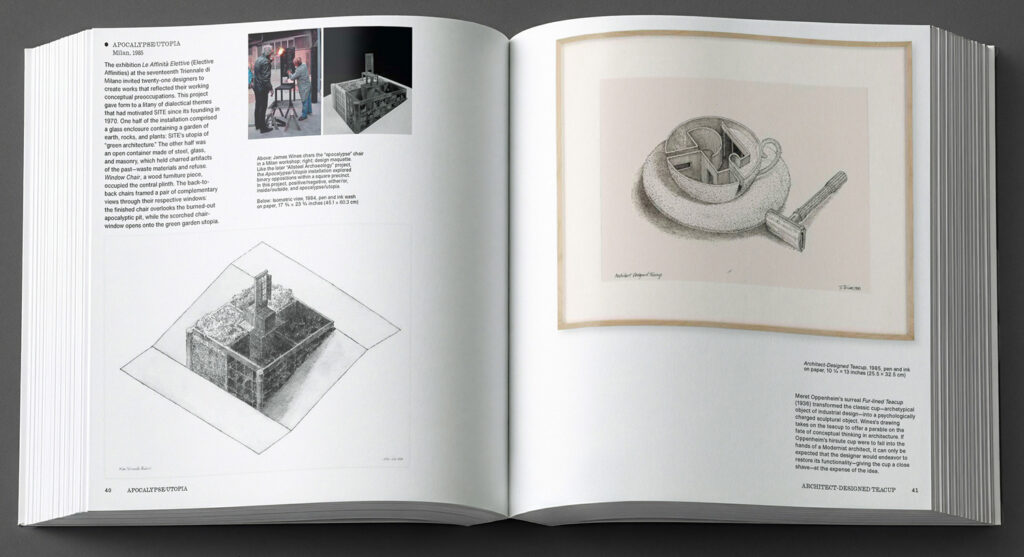 Books spread showing drawings and photographs.