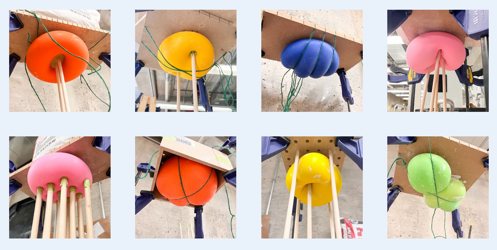 Series of form experiments showing balloons affixed to surfaces in various ways.