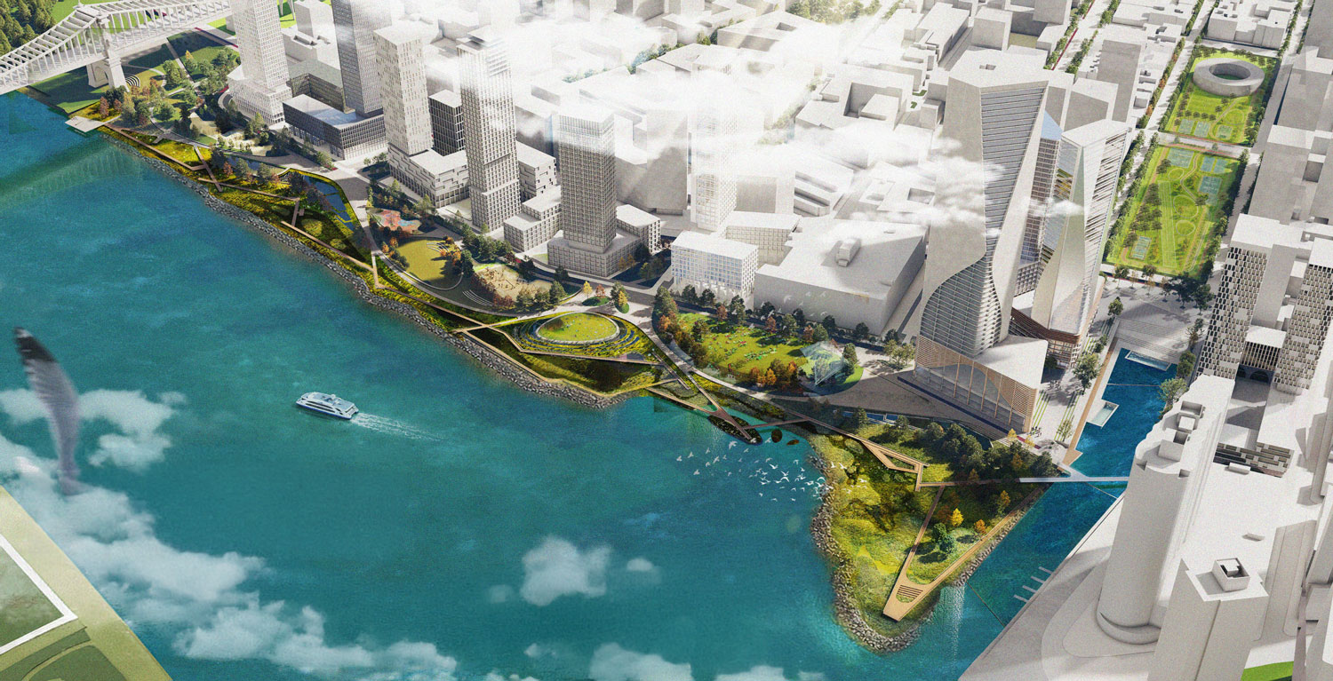 Axon of river, park, and city.