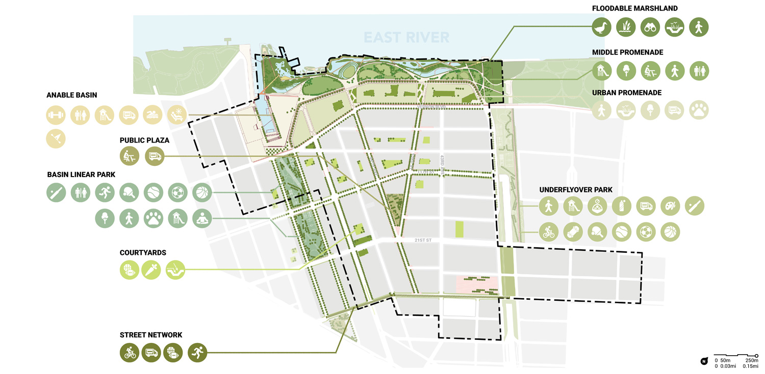 Plan with river, parks, and streets.