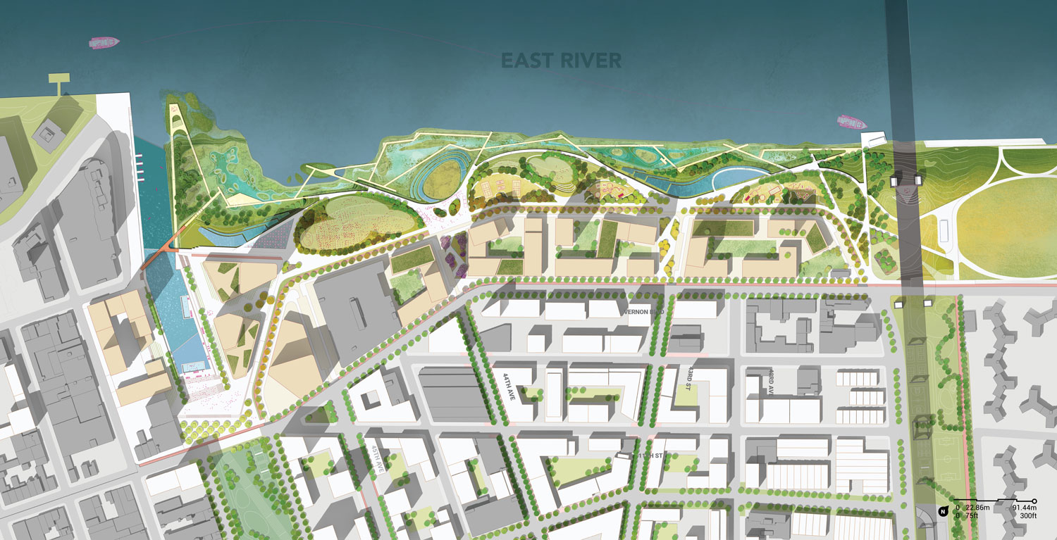 Map of park, East River, and streets of Long Island City coastal site.