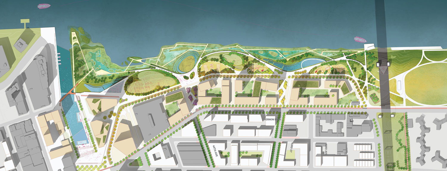 Plan of park and street blocks along a waterfront.