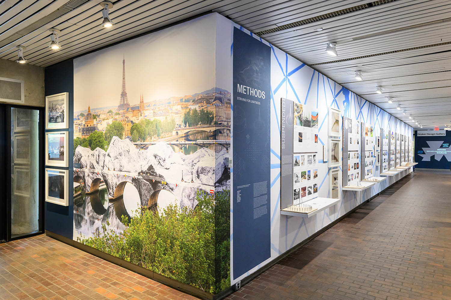An over-all view of a gallery with a large graphic, a projection screen and title panels.