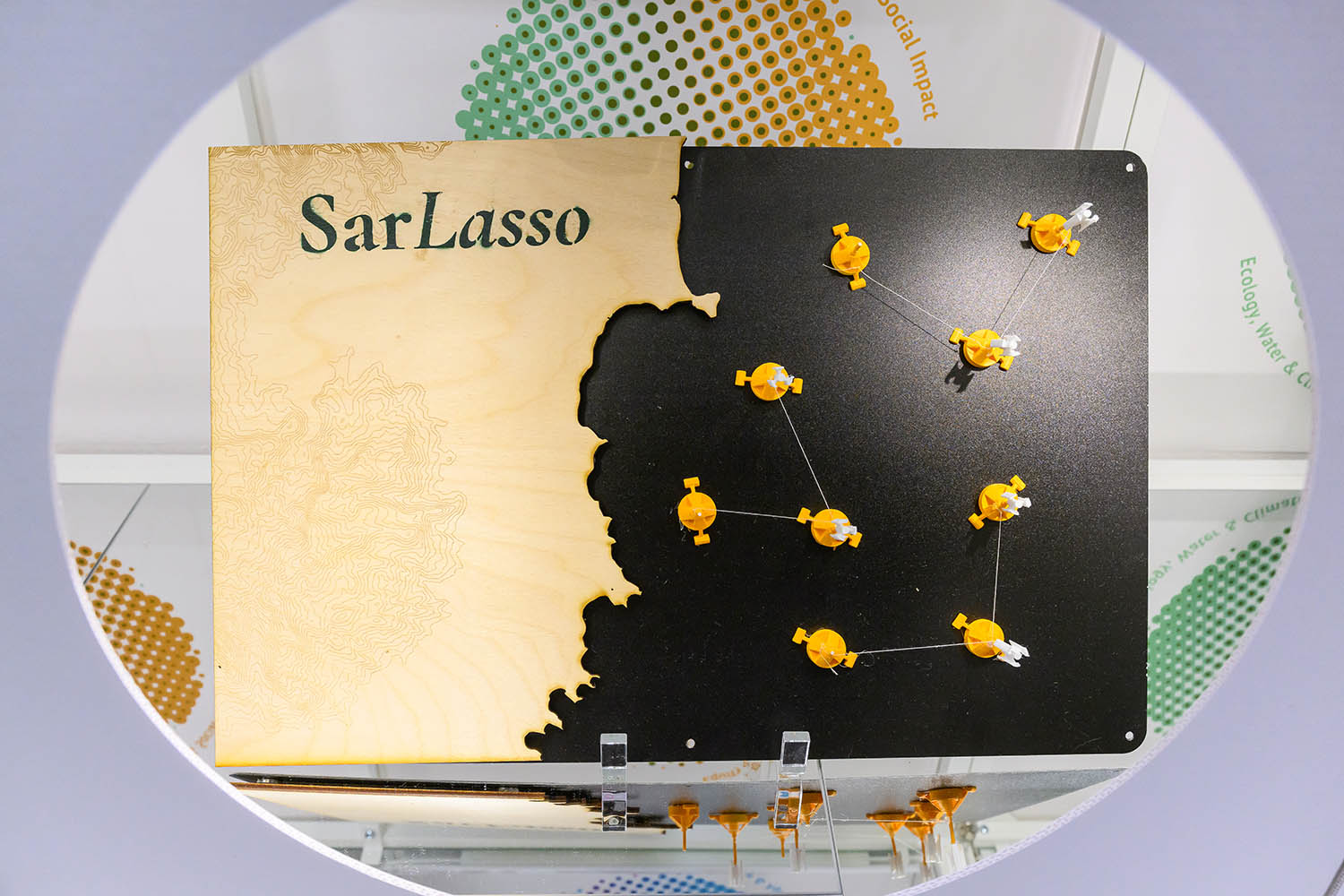 A wooden map showing many orange structures.