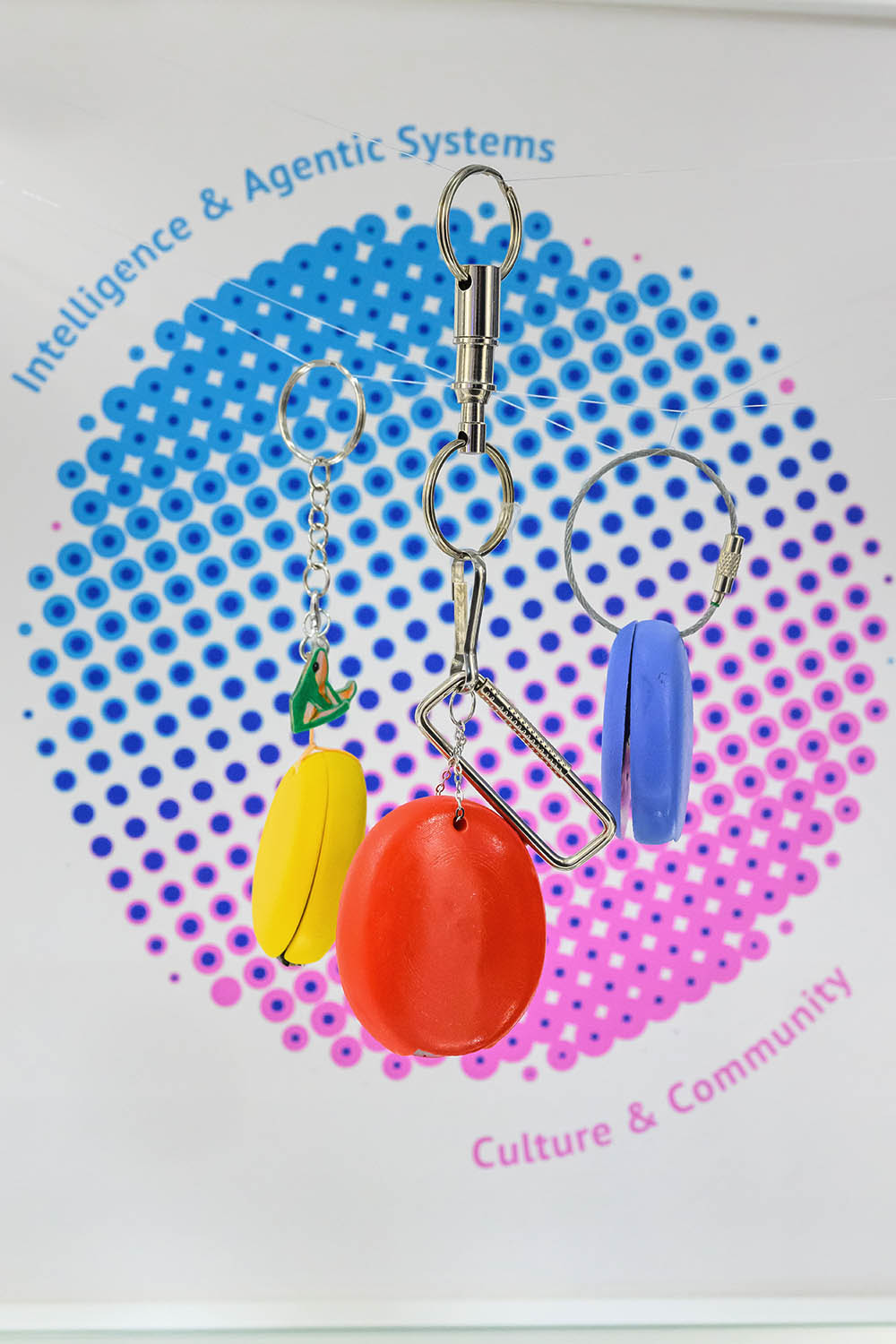 A few hanging 3d printed objects.