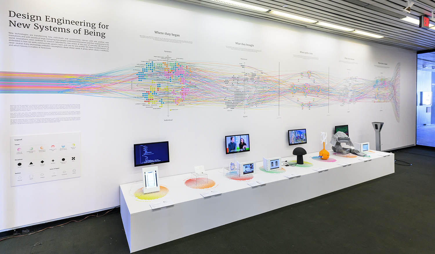 An overall view of the exhibition showing a complex infographic backdrop with descriptions. In front of the backdrop is pedistal with objects above which are four monitors.