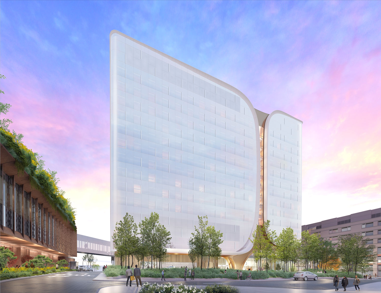 Rendering of glass building against colorful sky.