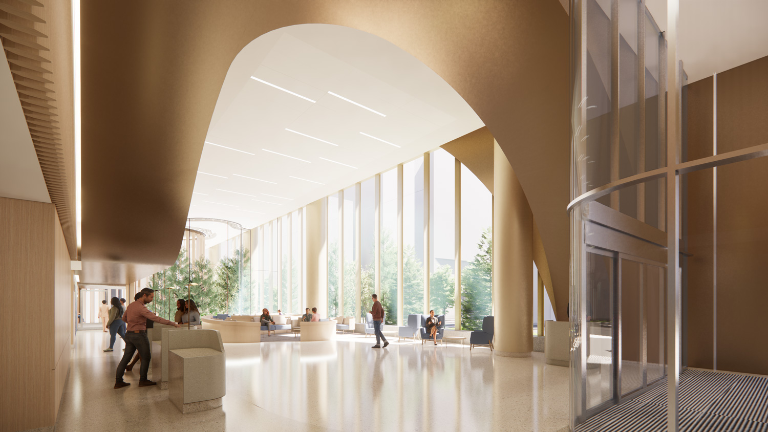Open arched interior with glass wall and people.