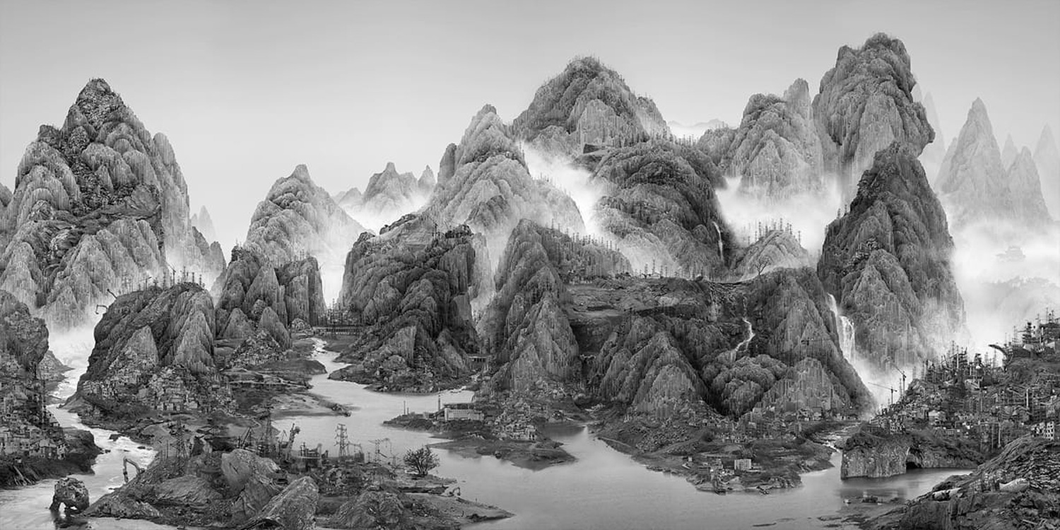 Black and white drawing or image of mountains and water and people.