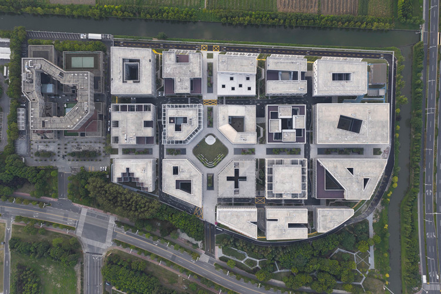Aerial photograph of city blocks on the ground.
