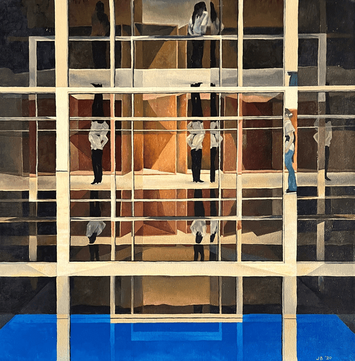 Oil painting of a gridded glass facade, showing multiple reflections of people in white shirts and dark pants, with warm brown tones in the center and a bright blue band at the bottom.