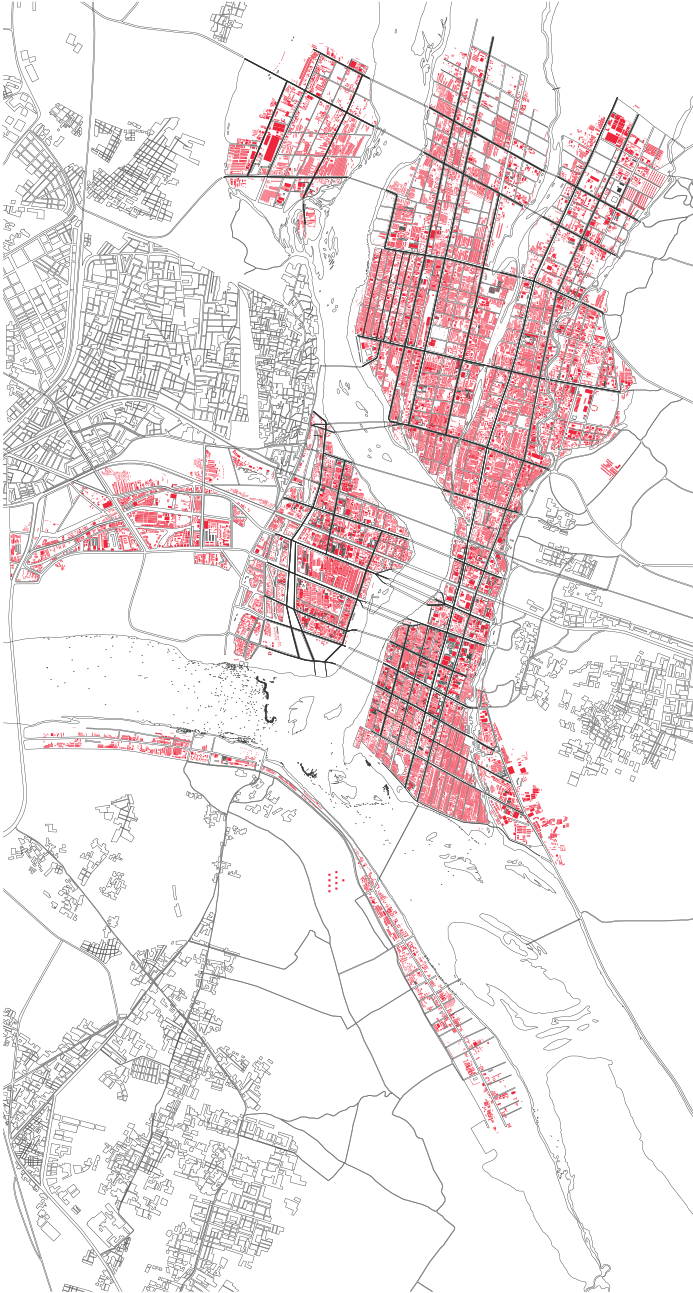 A map of the Kumbh Mela temprary cite's intervension on the existing area