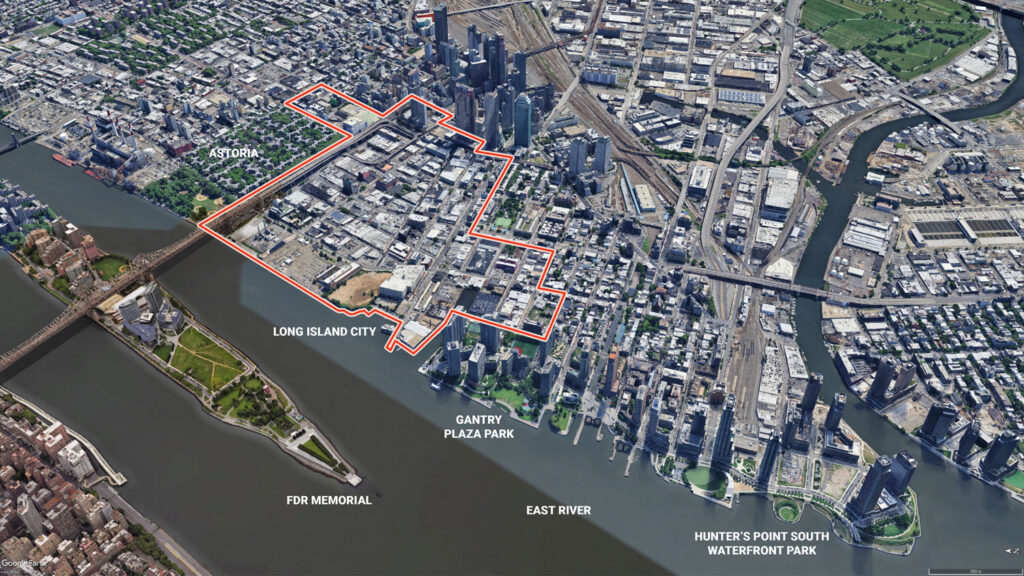 Aerial view with red line indicating site.