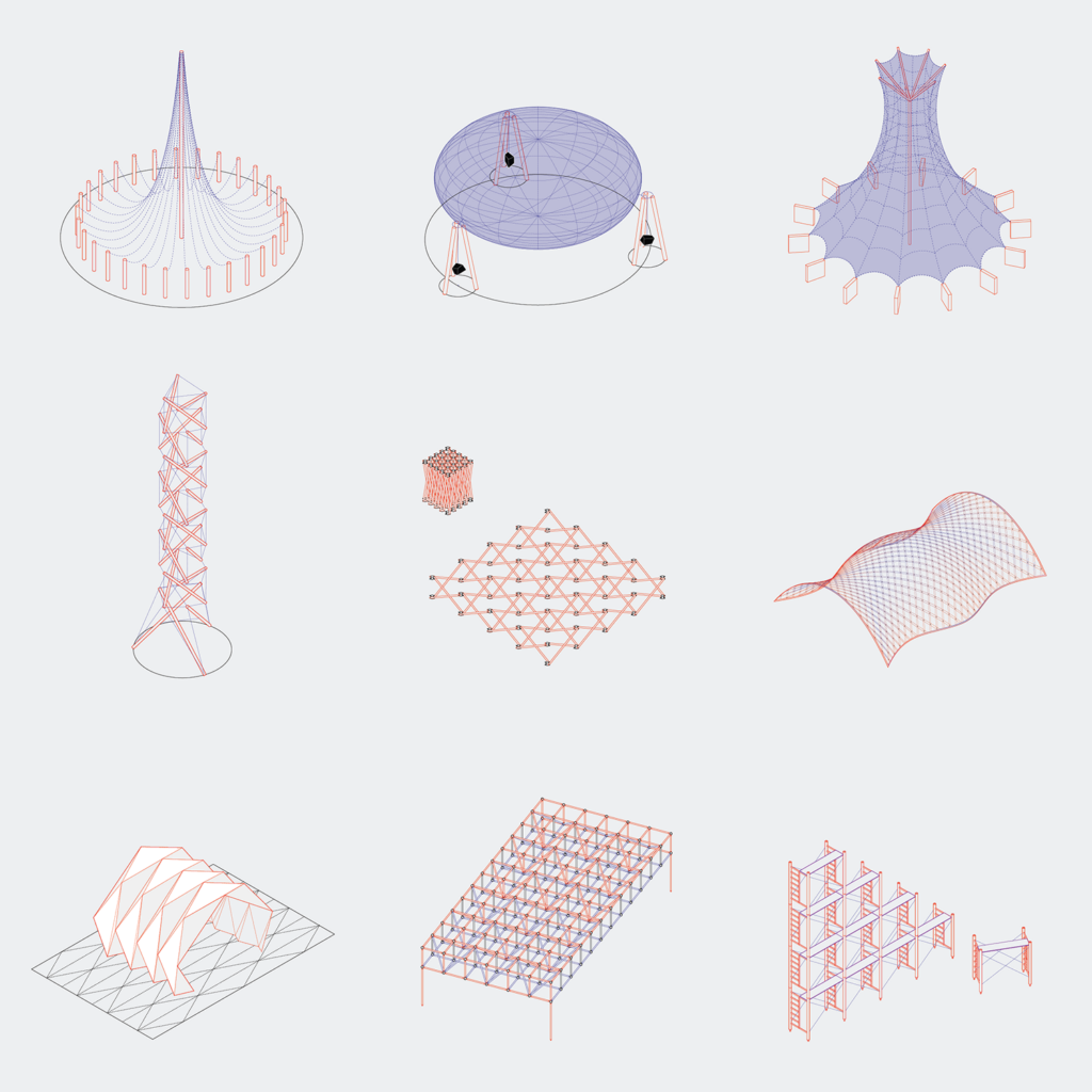 An array of nine drawings of types of architecture building methods.
