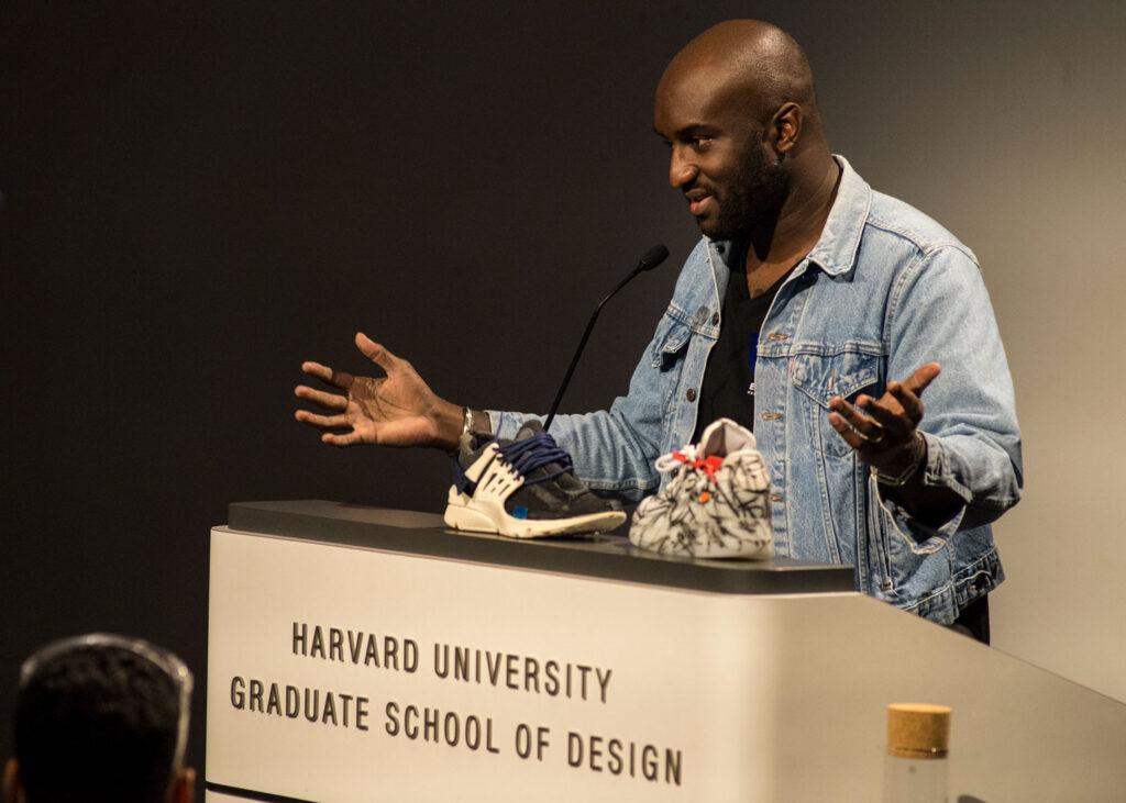 Virgil Abloh speaking at the Harvard Graduate School of Design.