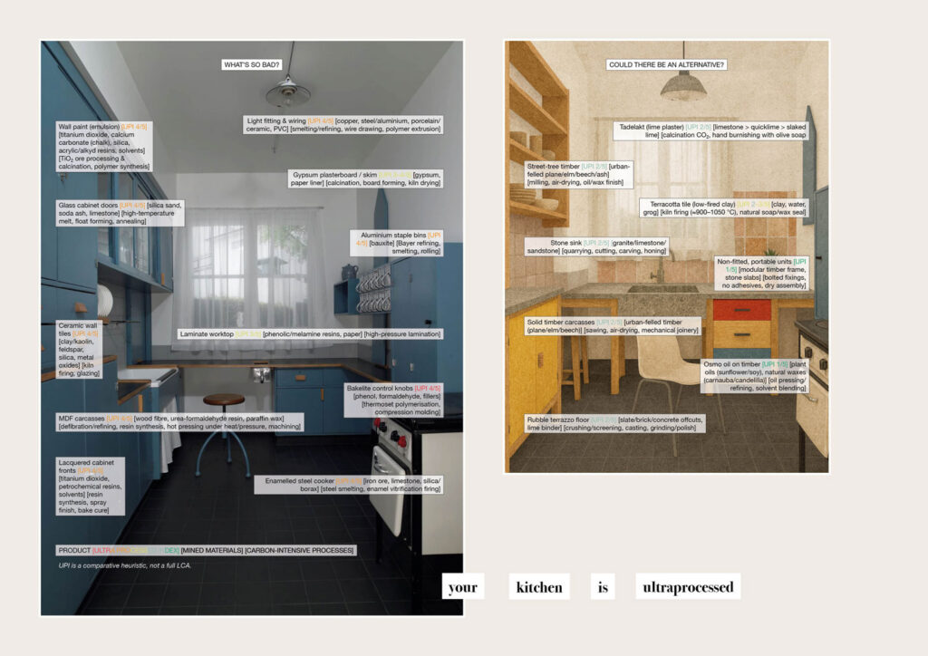 A collage titled "your kitchen is ultraprocessed" showing two kitchens one labeled "What's So Bad?" and another labeled "Could there be an Alternative?"