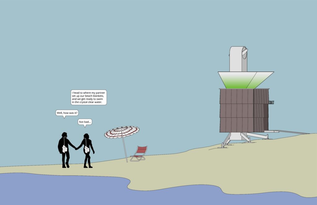 drawing of a couple by the beach and a composting toilet