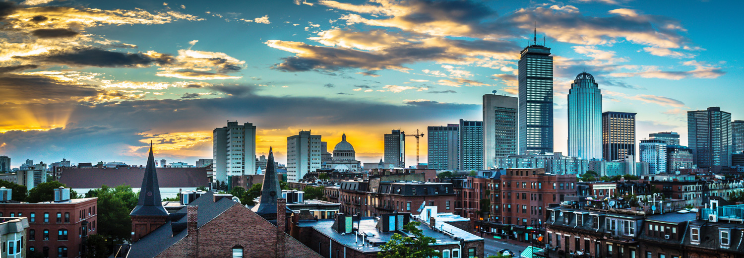 View of city showing skyscrapers and brick houses.