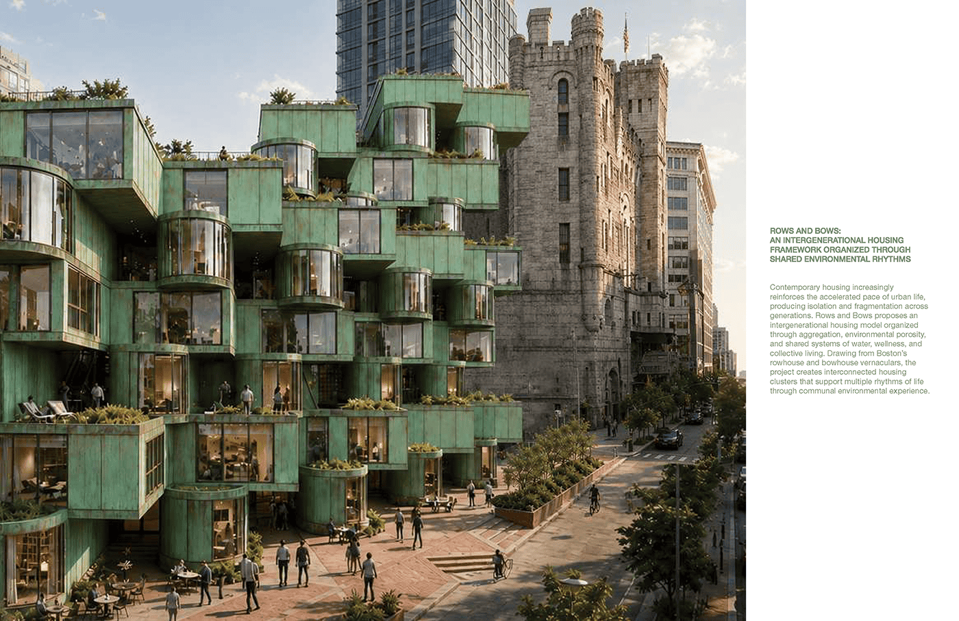 A modern, tiered building with green, box-like structures featuring large glass windows, housing lush plants. It stands beside a historic castle-like building. People are walking and sitting in a spacious, tree-lined plaza in front.