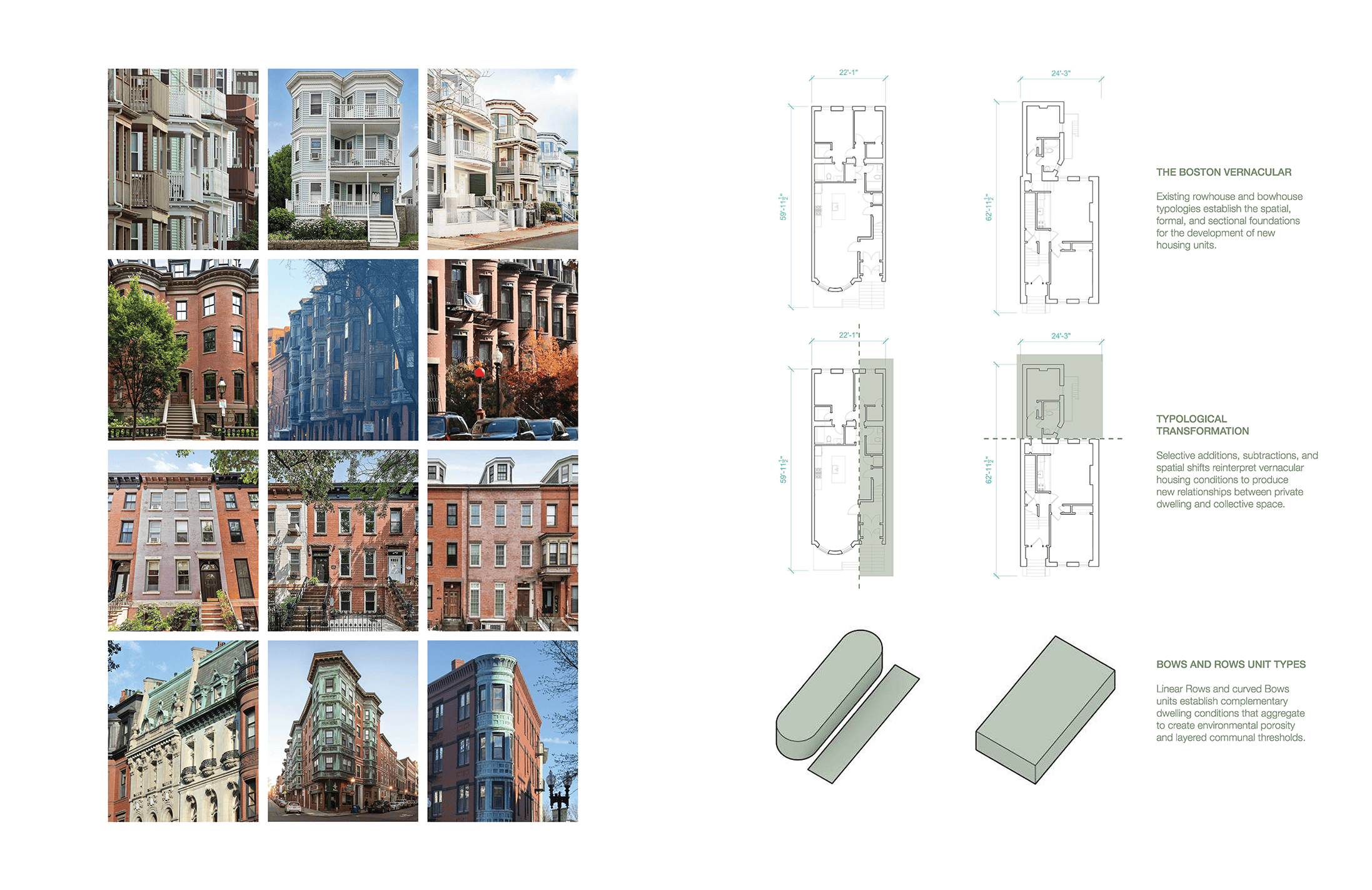 Photos and diagrams describing "The Boston Vernacular," "Typological Transformation," and "Bows and Rows Unit Types."