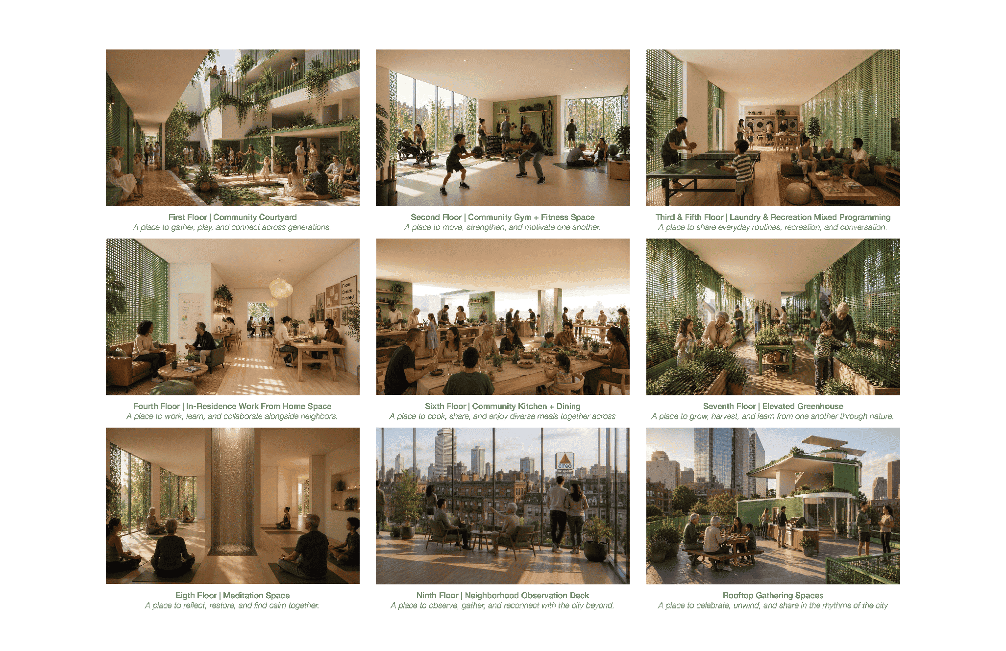 This image displays a series of architectural renderings showing various indoor and outdoor communal spaces within a multi-story building. Each rendering includes activities or features: 1. First Floor: Cozy community courtyard with seating and greenery. 2. Second Floor: Community gym with fitness equipment and exercise space. 3. Third and Fifth Floors: Lounge and recreational music programming area with seating and musical instruments. 4. Fourth Floor: Comfortable remote work space with individual workstations and collaborative areas. 5. Sixth Floor: Community kitchen and dining area with tables and kitchen facilities. 6. Seventh Floor: Outdoor terrace with seating, offering cityscape views. 7. Eighth Floor: Meditation area with seating arranged in a serene environment. 8. Ninth Floor: Neighborhood observation deck providing panoramic city views. 9. Rooftop: Gathering space with seating and greenery, overlooking the city skyline.