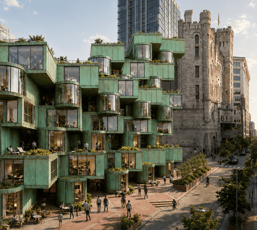 A modern, tiered building with green, box-like structures featuring large glass windows, housing lush plants. It stands beside a historic castle-like building. People are walking and sitting in a spacious, tree-lined plaza in front.