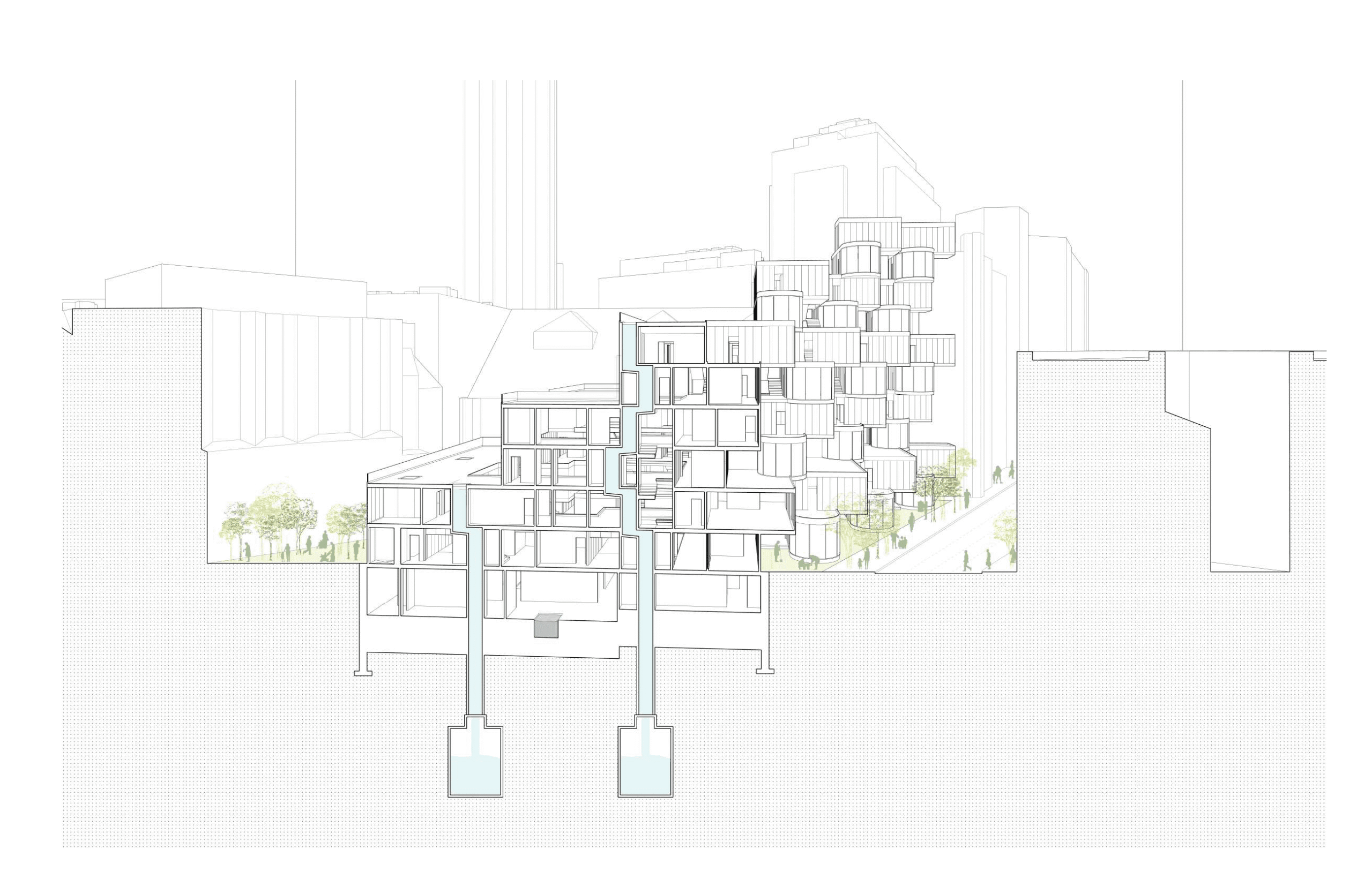 A detailed architectural cross-section illustration of a modern urban building. It features multiple floors with varied geometric shapes. The background showcases a cityscape with outlined tall buildings. There are tree-lined areas and small figures representing people, indicating activity outside the building.