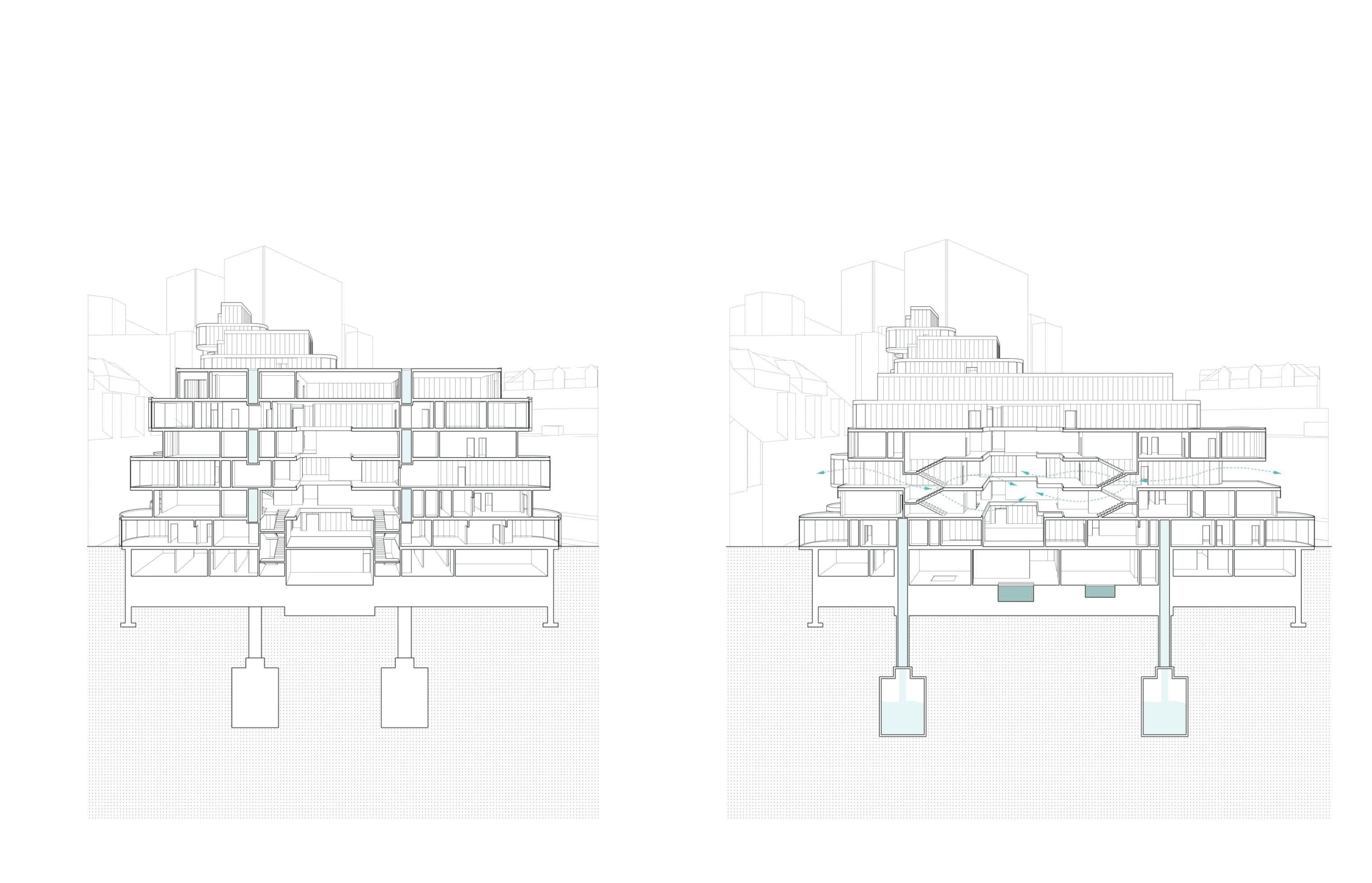 A technical architectural drawing of a multi-level building with a specific focus on structural elements. The design features a series of stacked, offset rectangular sections supported by large pillars. Two versions of the drawing are shown side by side, highlighting different aspects of the building's internal structure with detailed annotations. The background includes faint outlines of surrounding urban elements.