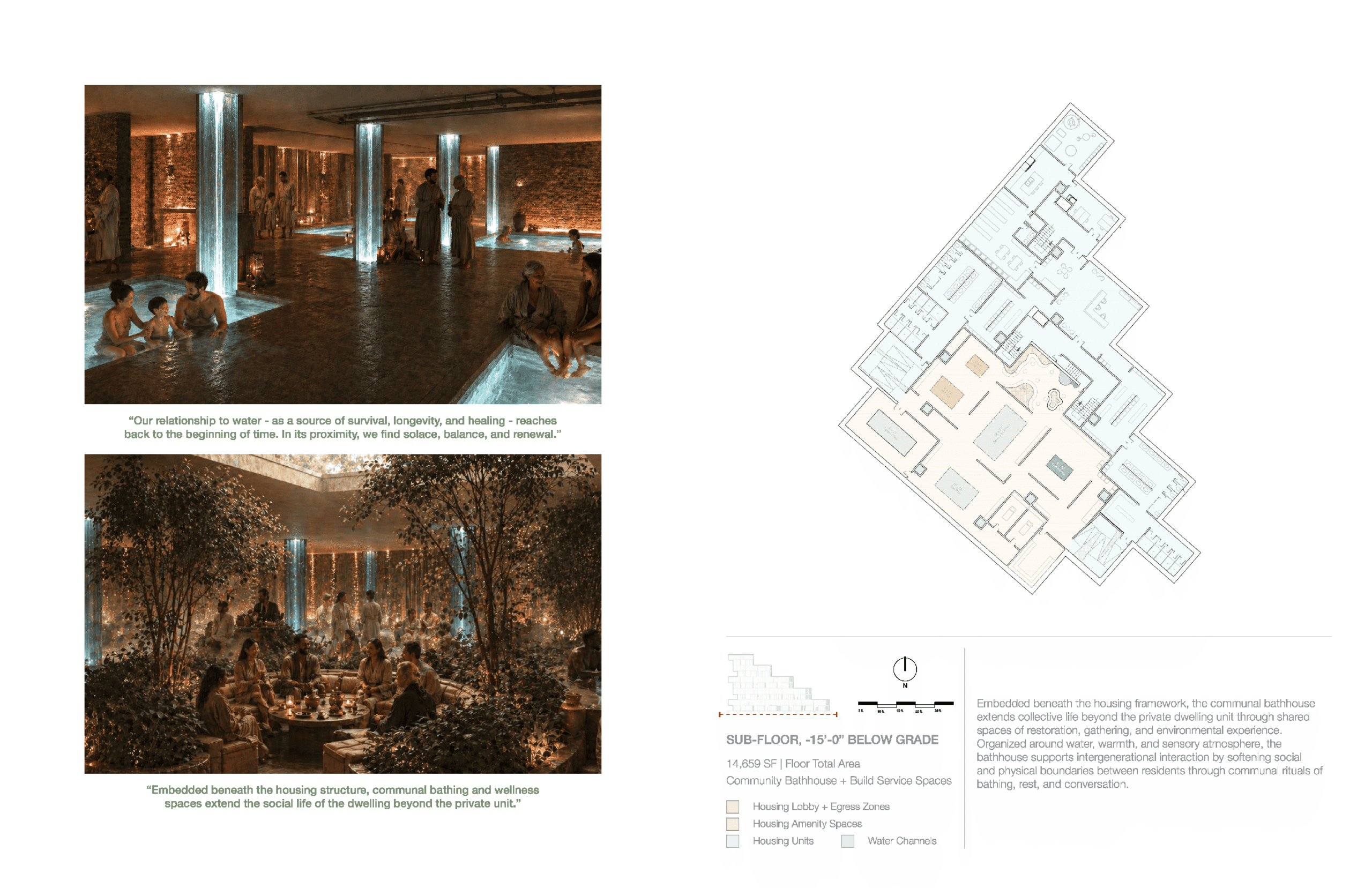 An architectural presentation featuring two sections: On the left, a warmly lit community space with seated figures around water features, including waterfalls. Captions discuss the space's connection to nature and wellness. On the right, a floor plan of the space with labels for different sections and a legend indicating various features.