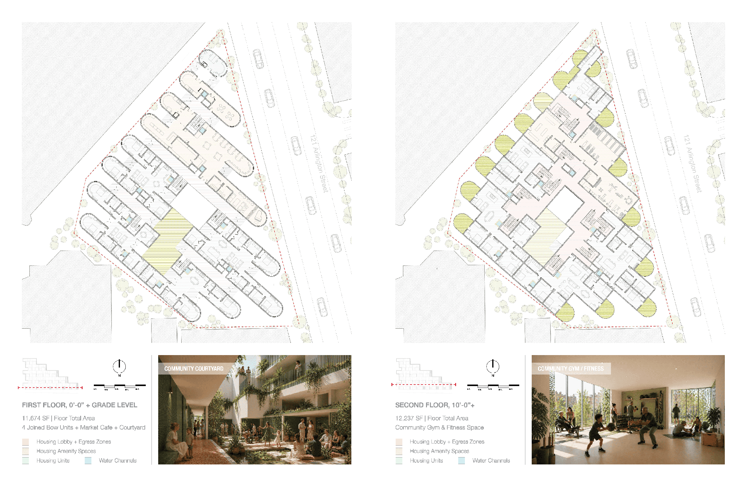 Layout design featuring two building plans. The first plan shows a triangular structure with labeled areas for floor retail, community spaces, and housing. The second plan depicts a more rectangular layout with additional housing and community spaces. Below each plan, images display a lush indoor garden setting and a fitness space with people engaging in exercise.
