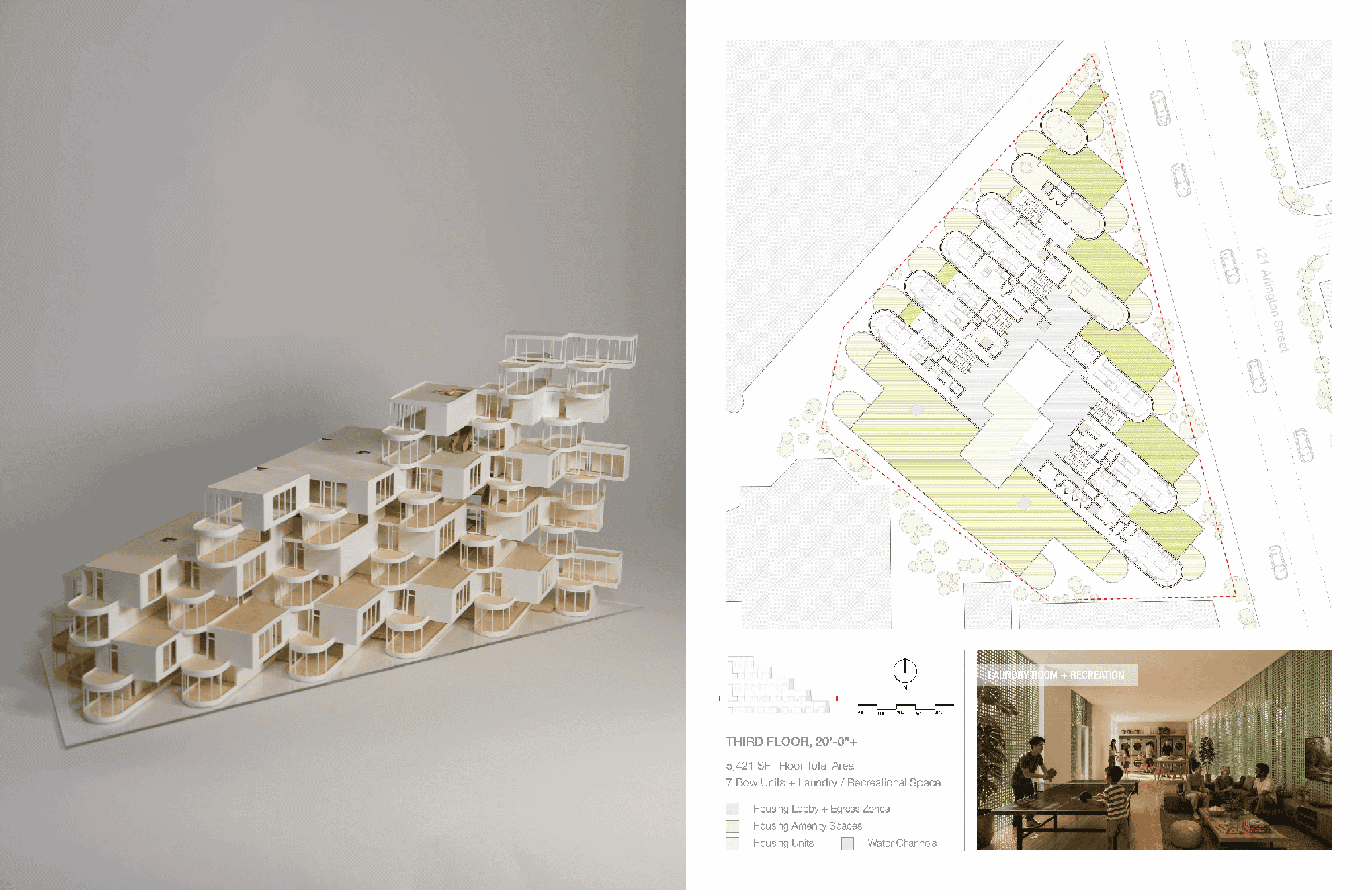 A modern architectural design presentation showing two parts. On the left, a detailed 3D model of a tiered building with curved balconies. On the right, a floor plan labeled "Third Floor" with designated areas for "Lobby," "Servery," "Remembrance Space," "Activity," and "Exercise Room." Elevation and section diagrams are also included. A small photo in the bottom corner shows a lounge area with seating and large windows.