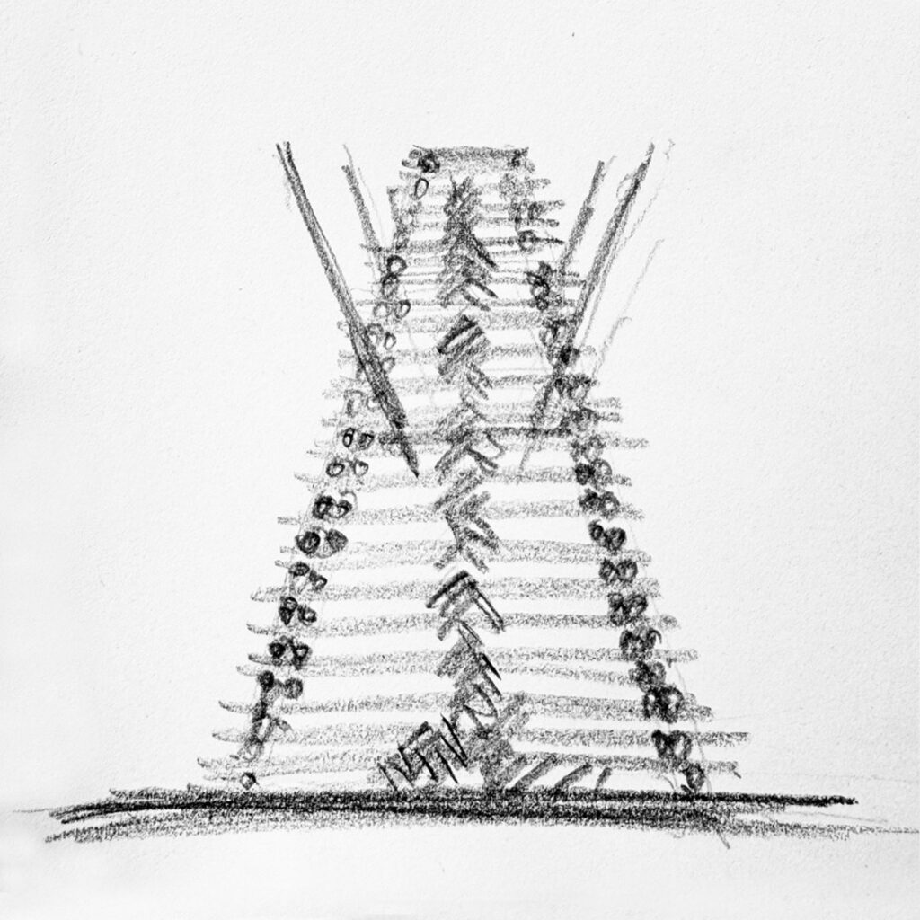 Gray pencil sketch of all triangular pyre-like structure.
