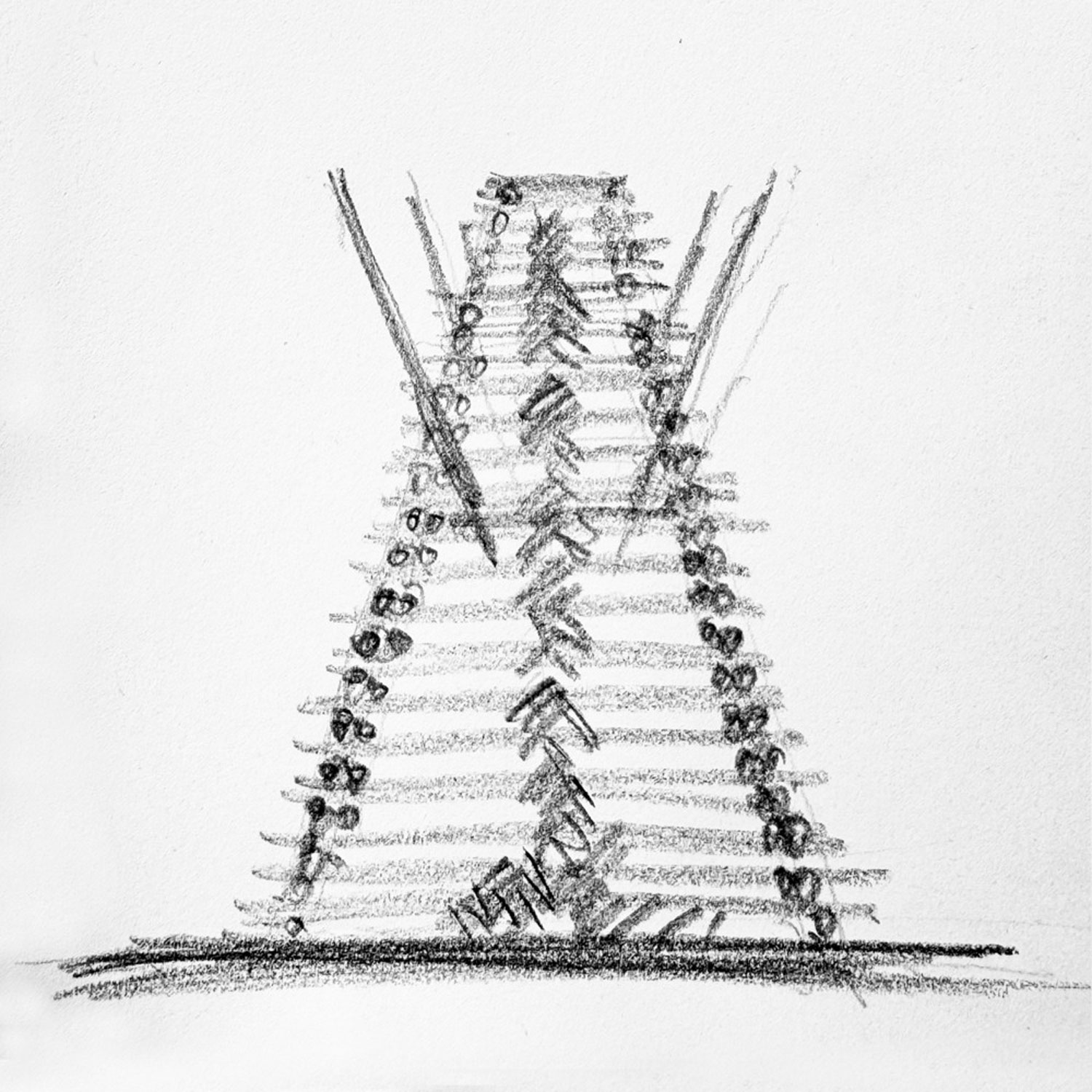 Gray pencil sketch of all triangular pyre-like structure.