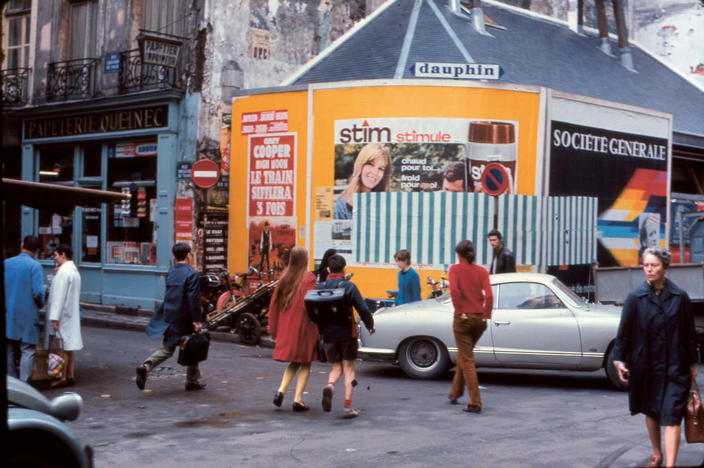 Work by Daniel Buren as part of a street scene in Paris. 