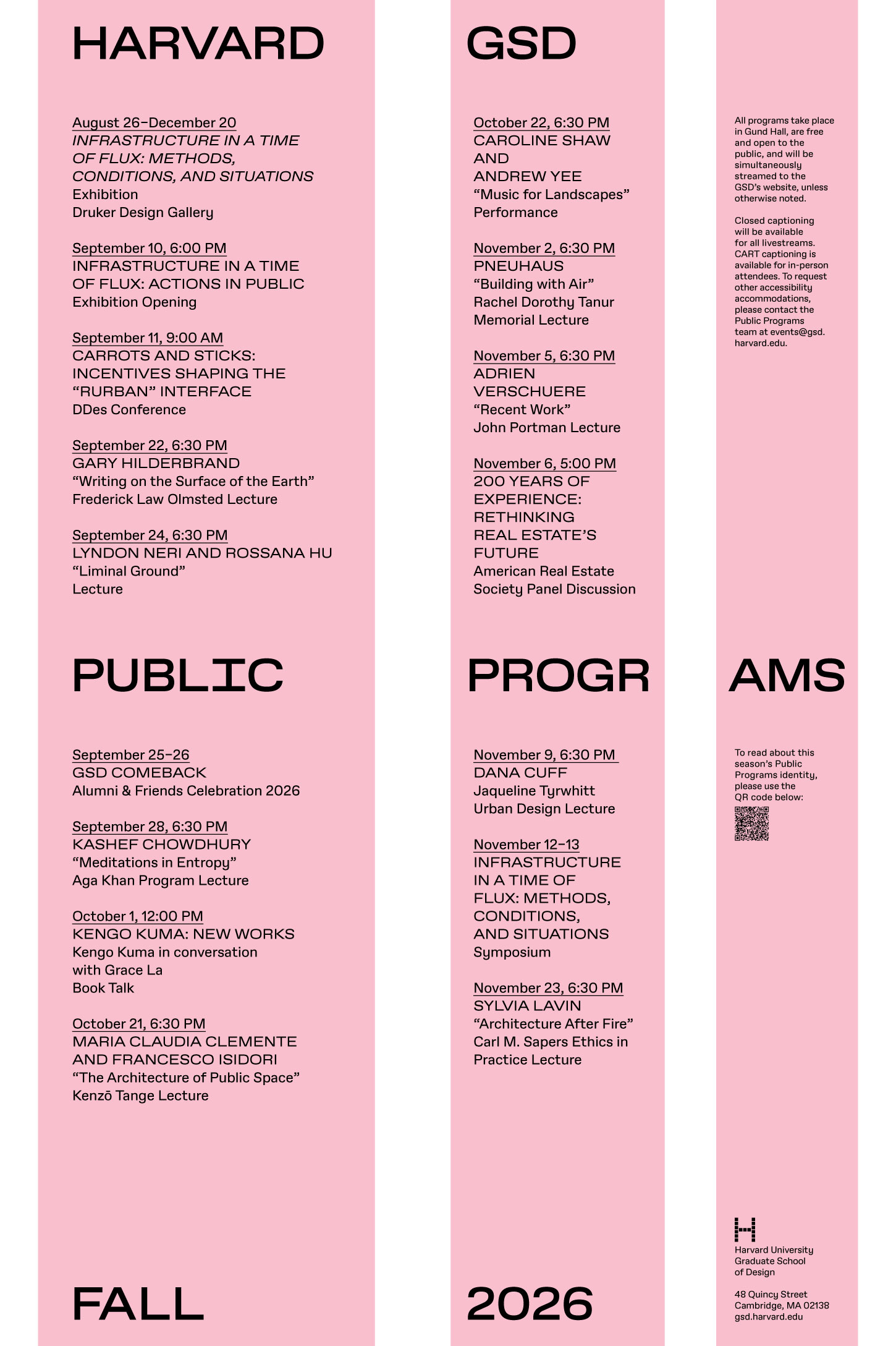 Poster art with titles in bold that read "HARVARD GSD PUBLIC PROGRAMS FALL 2026" broken up into three columns and rows listing public program dates and information; the columns are pink.