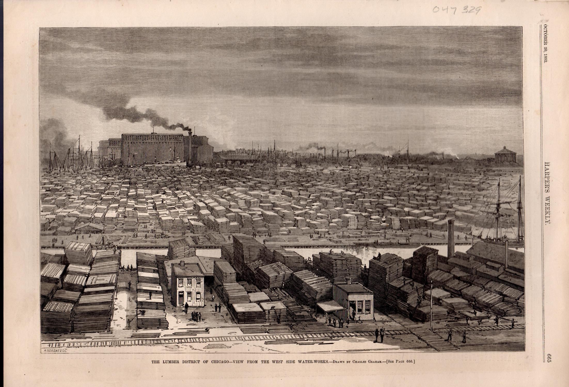 Lithograph showing the lumber district of Chicago in 1883.