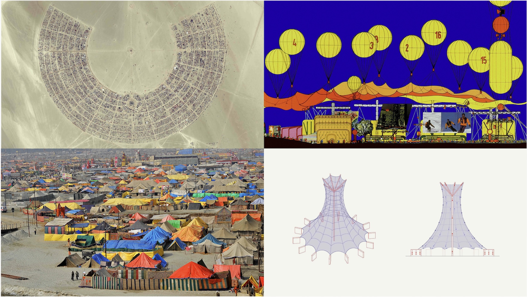 Four images: aerial view of Black Rock City (Burning Man), Archigram rendering, Kumbh Mela photograph, diagram of tensile structures