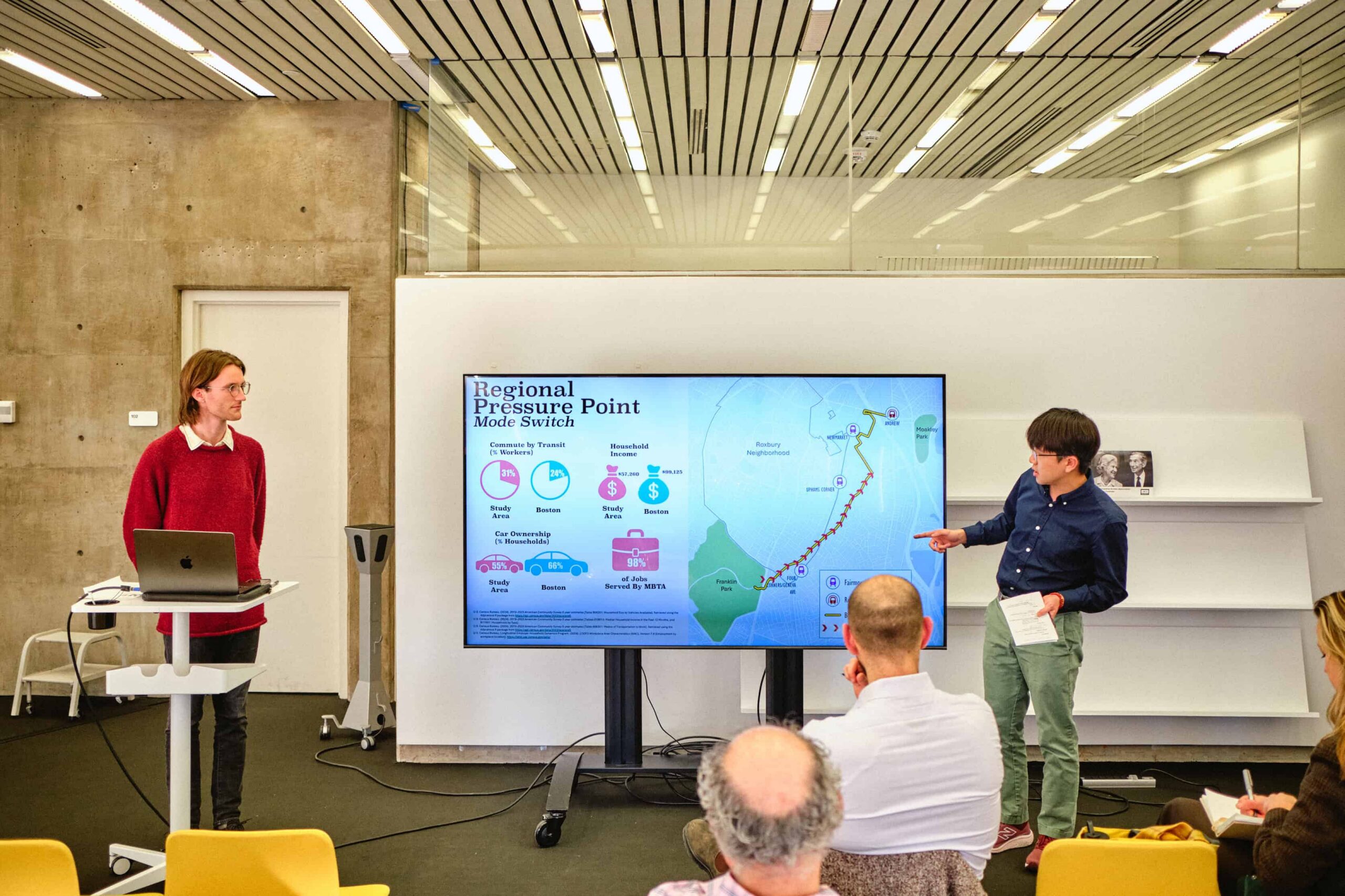 A presenter gestures toward a screen displaying a map and data graphic titled “Regional Pressure Point Mode Switch,” while several people sit and watch in a modern meeting room.
