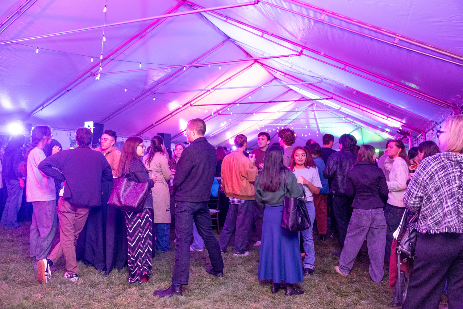 People in a tent with purple ambiance.