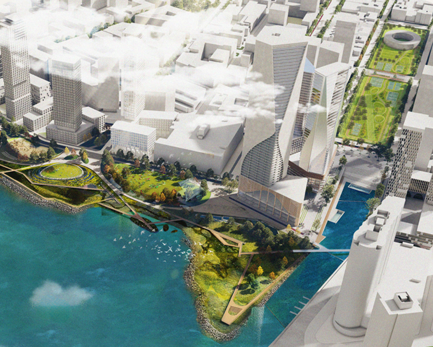 Aerial view of river with cityscape, rendering.