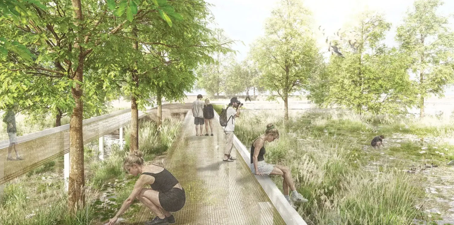 Rendering of people, boardwalk, trees.