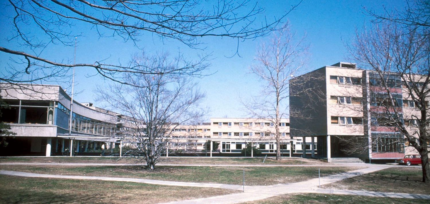 Modern buildings around a courtyard.