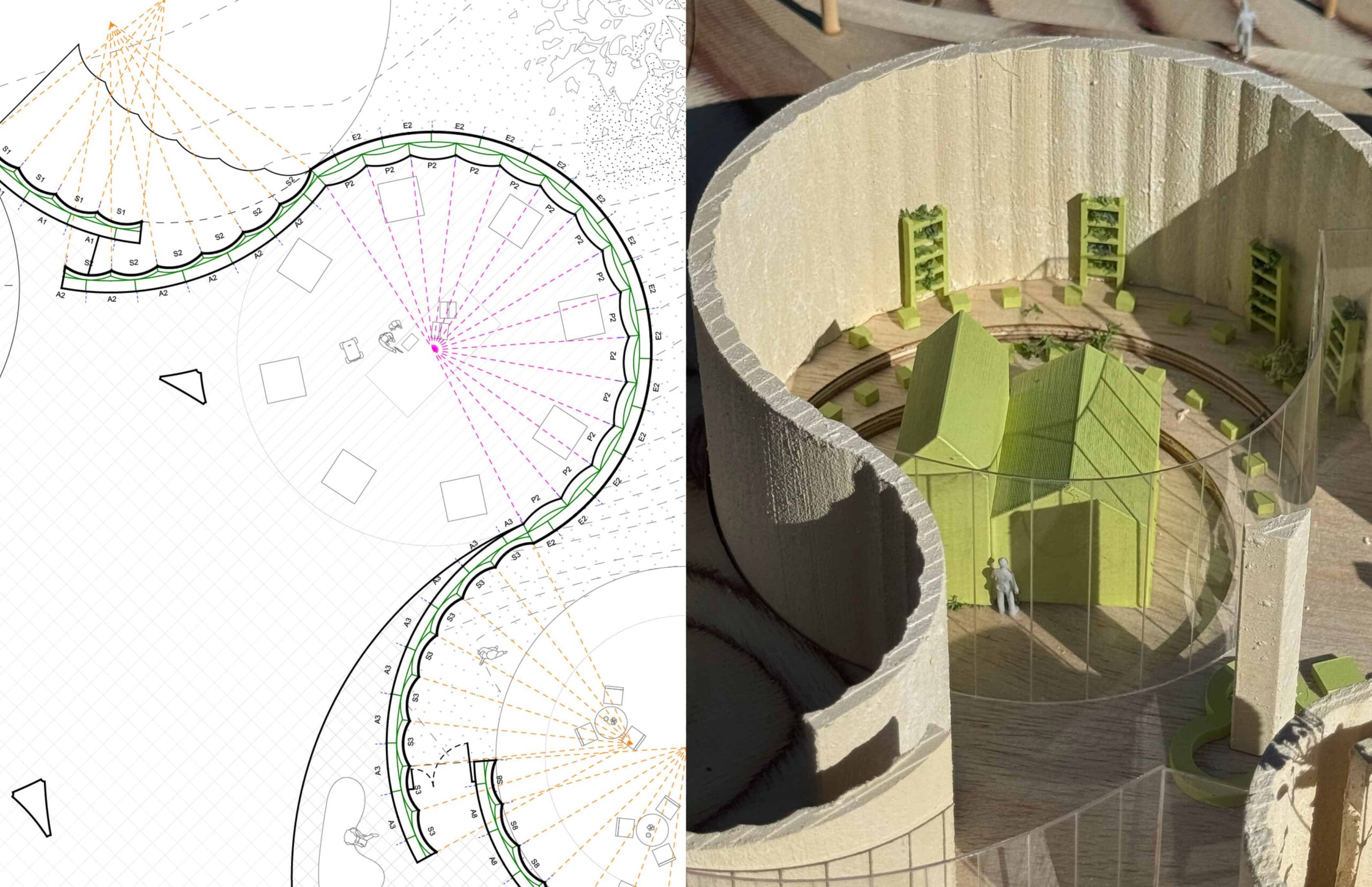 Left: diagram of a circular building. Right: model of a circular building