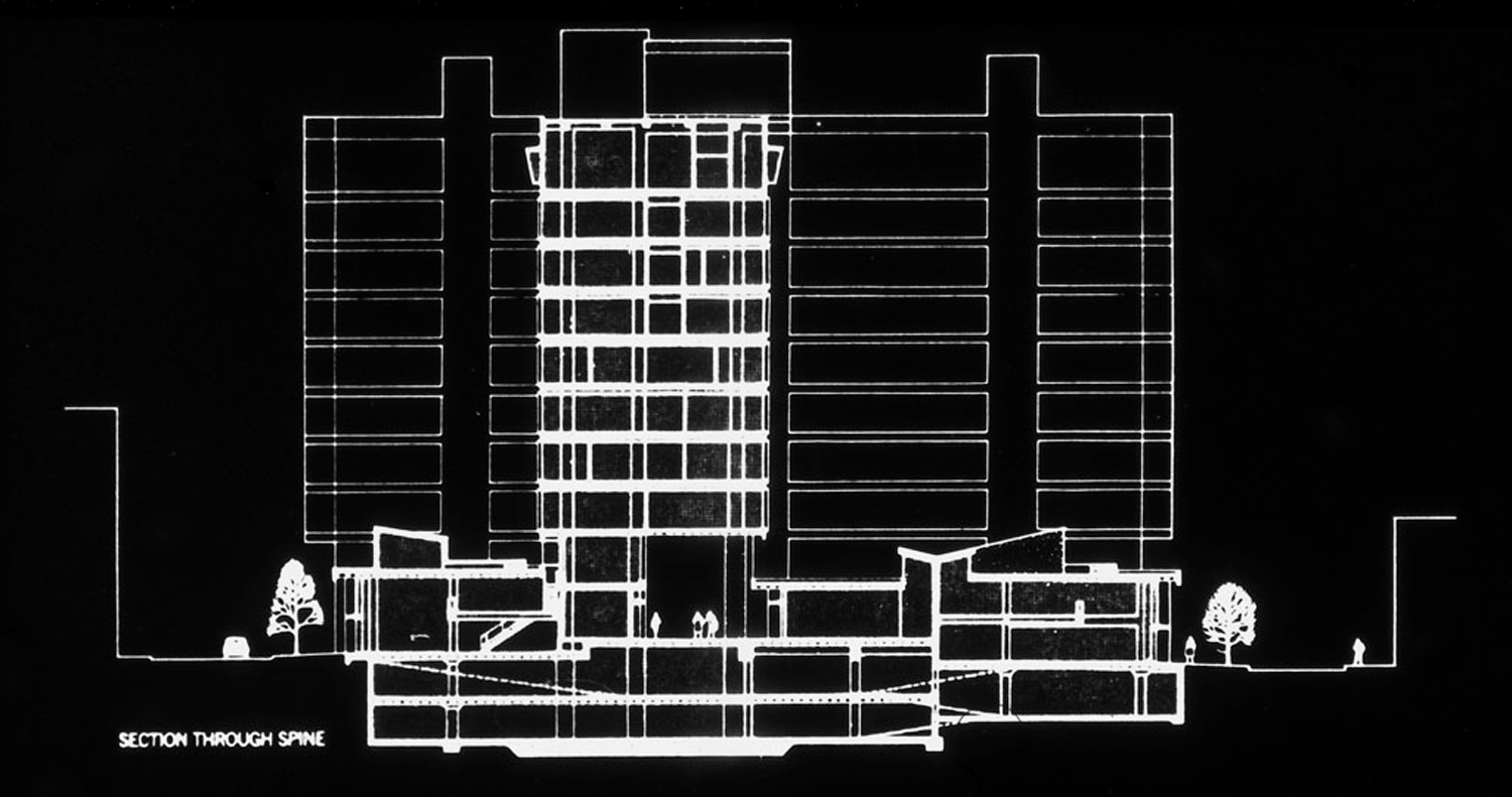 Black and white building section.
