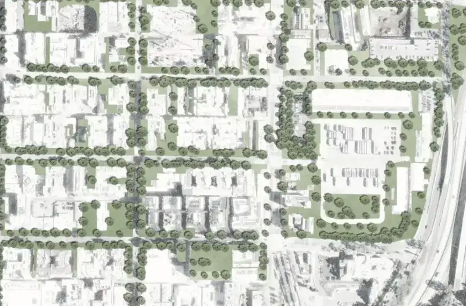Aerial view of trees in a street grid pattern, rendering.
