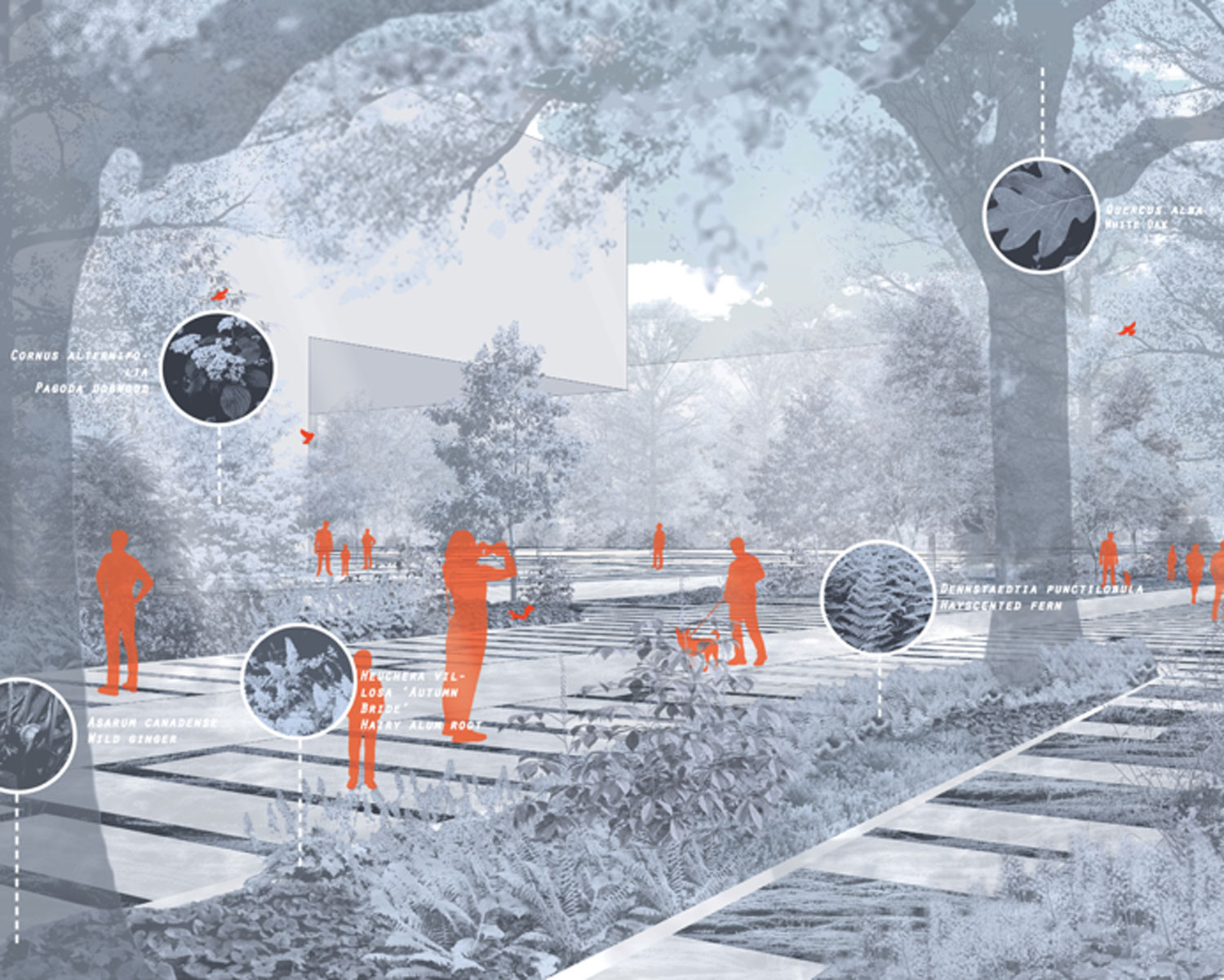 Rendering of gray foggy atmosphere with trees and orange figures.