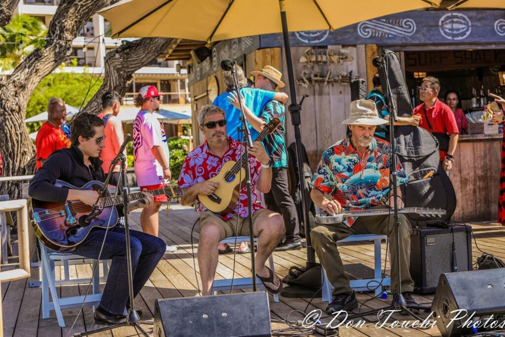 Three men playing musical instruments.
